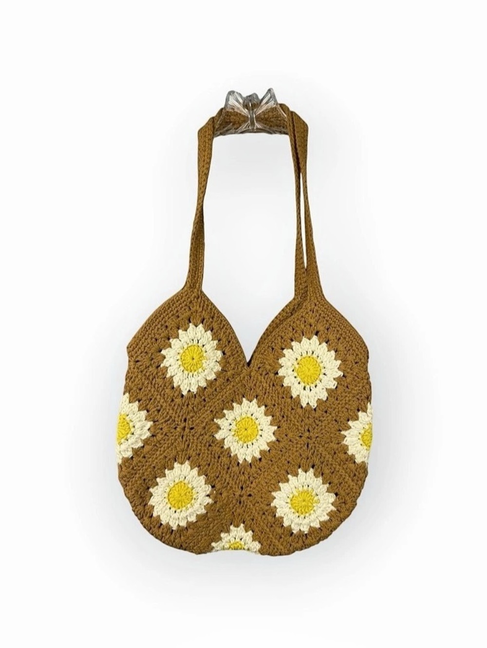 Floral Crochet Tote Bag in Brown & Yellow Like New